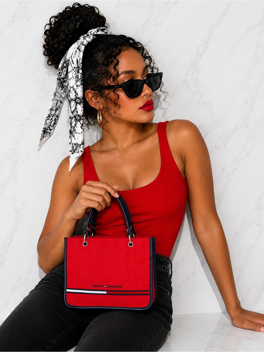 Tommy Hilfiger Vintage Red Canvas Tote Bag Navy Trim Preppy Y2K